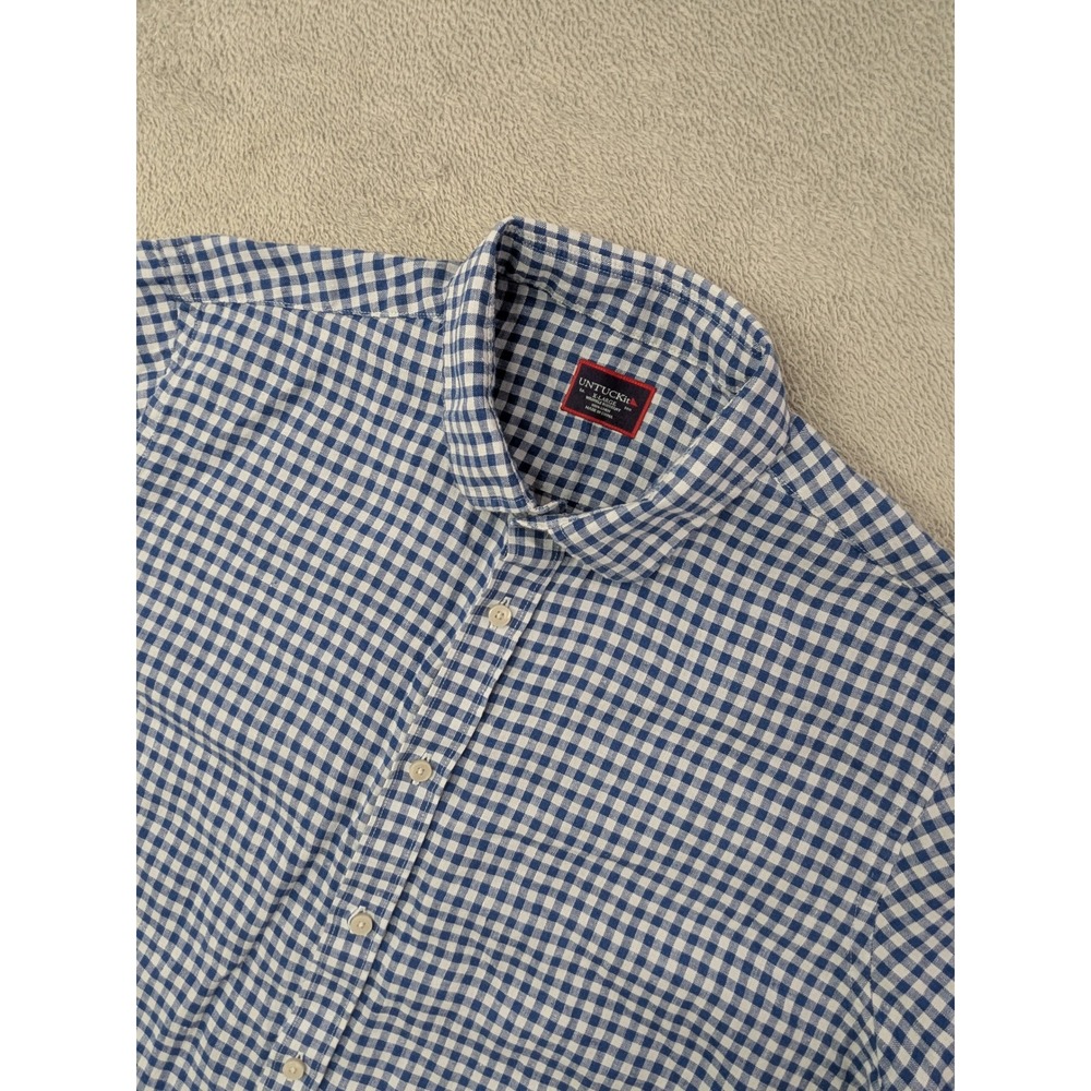 UNTUCKit Mens XL Blue White Gingham Linen Short Sleeve Wrinkle Resistant Shirt